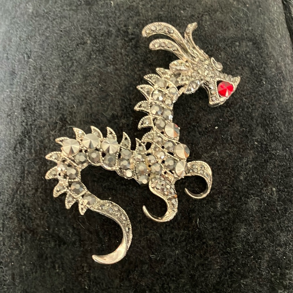 Marcasite Dragon Brooch with Red Accent